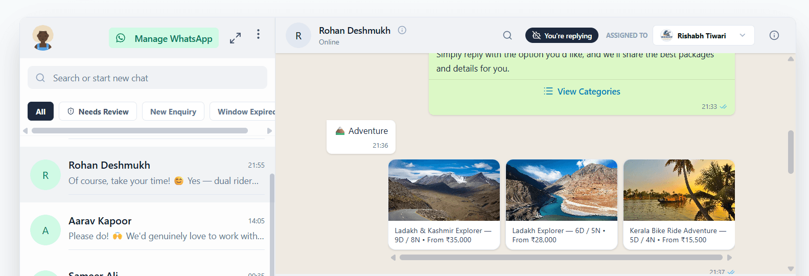 The WhatsApp inbox: chat list, an open conversation, and a package carousel sent to the customer