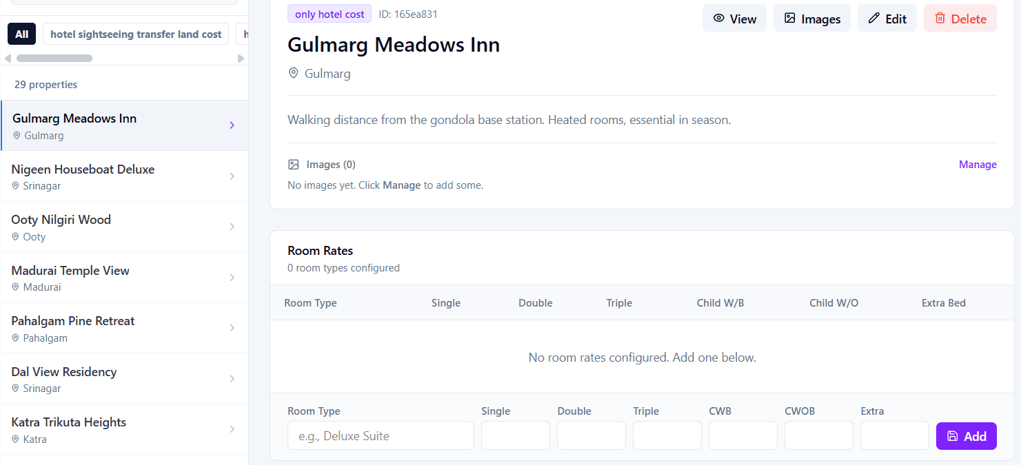 The property list beside a room-rates grid with single, double, triple and child rates